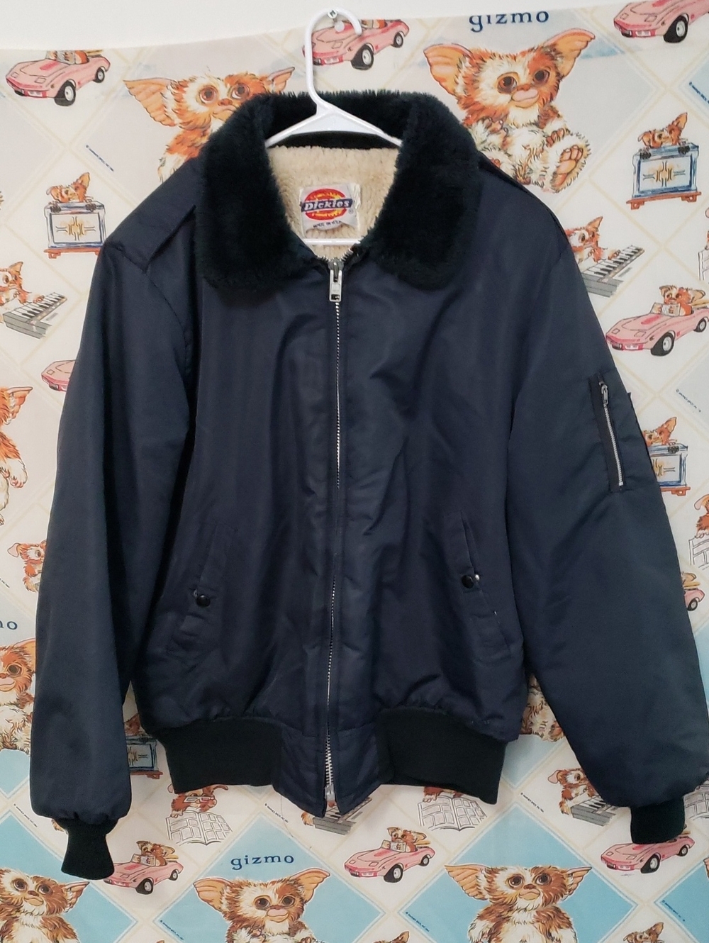 Dickies Navy Bomber Jacket with Black Faux Fur Collar Size M